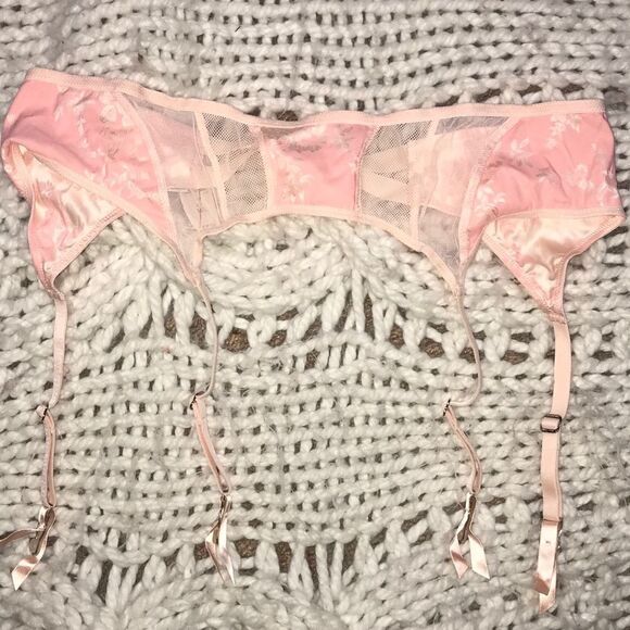 Pink or Eggplant Colored Lace & Floral Garter Belt - Picture 3 of 7